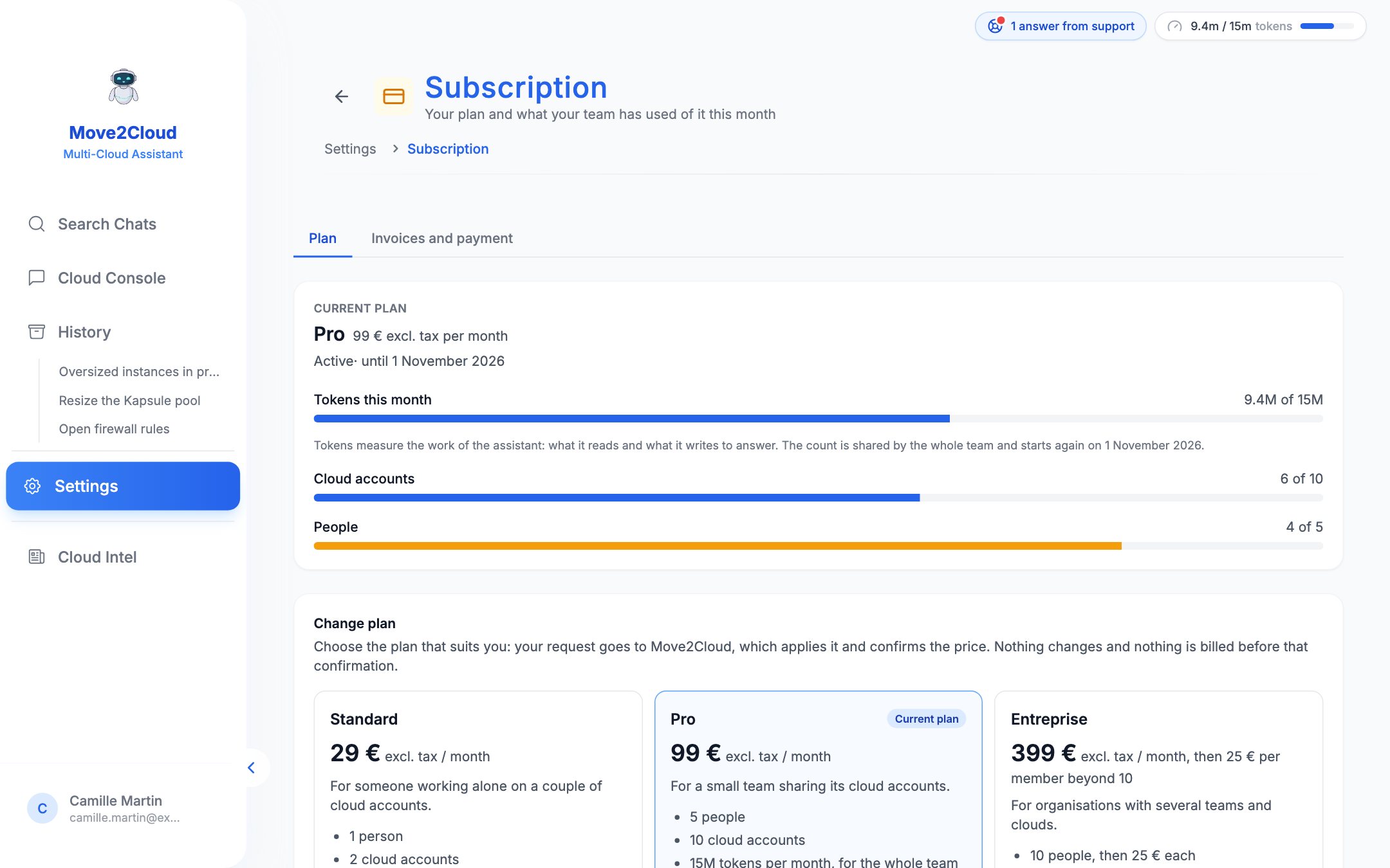 Settings → Subscription: the current plan, what the team has used of it, and the request for another plan.